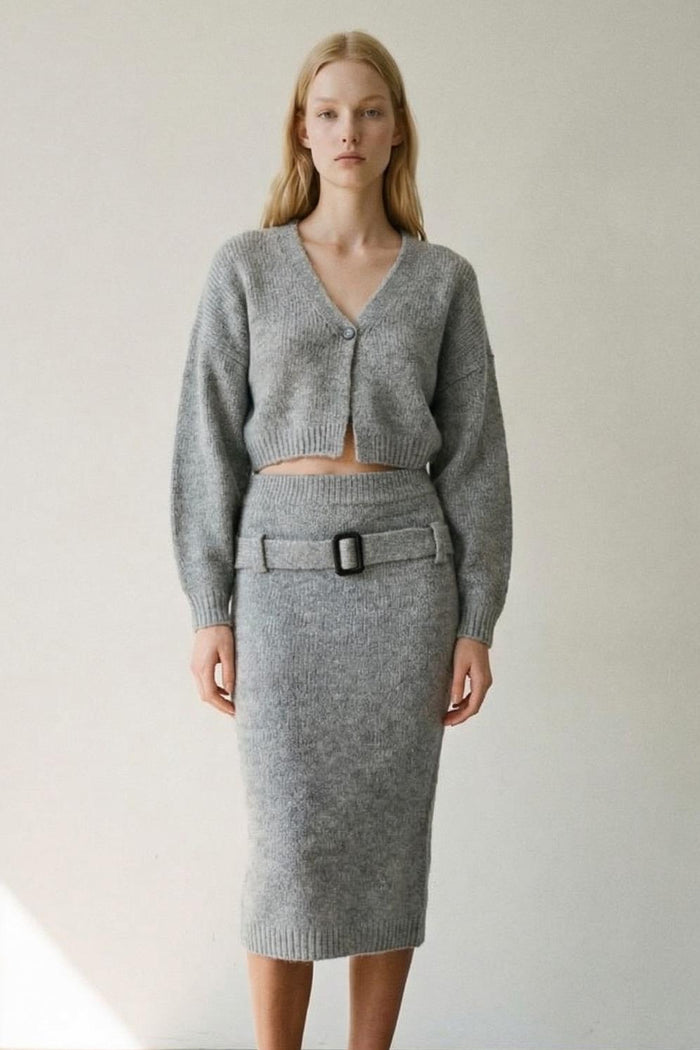 Wool Blended Knit Cropped Cardigan and Belted Skirt Sets