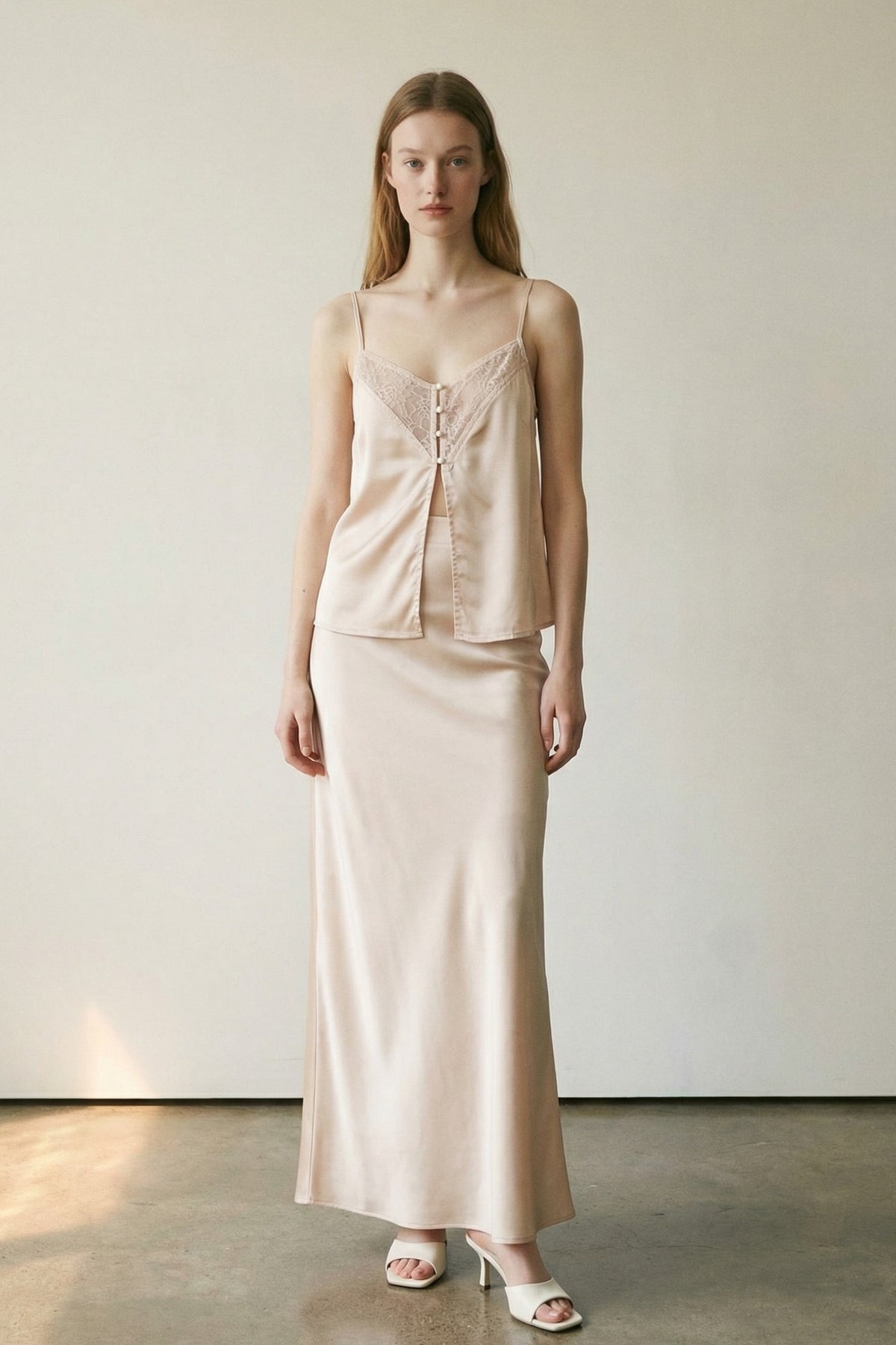 Satin with Lace Insert Cami and Skirt Sets