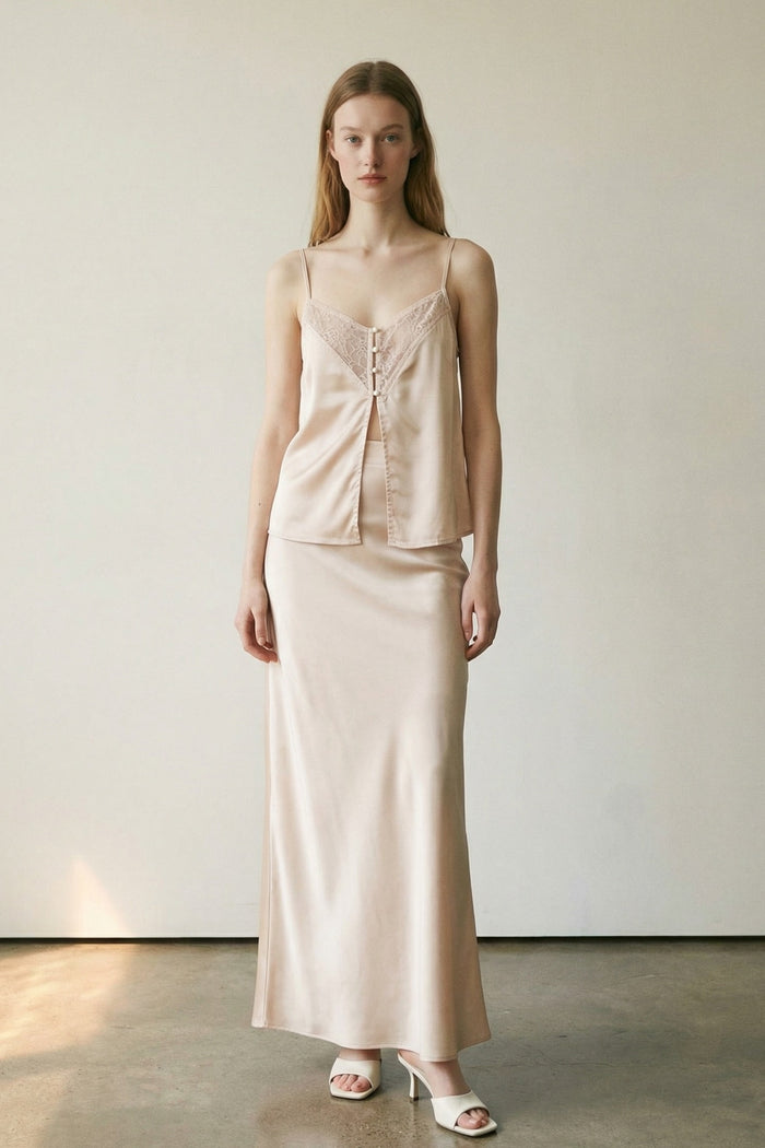 Satin with Lace Insert Cami and Skirt Sets
