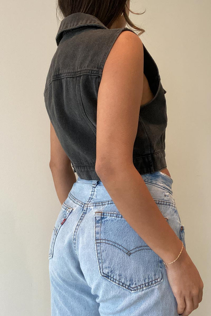 Washed Denim Cropped Trucker Vest