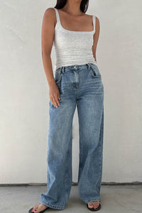 High Rise Denim Contrast Pants