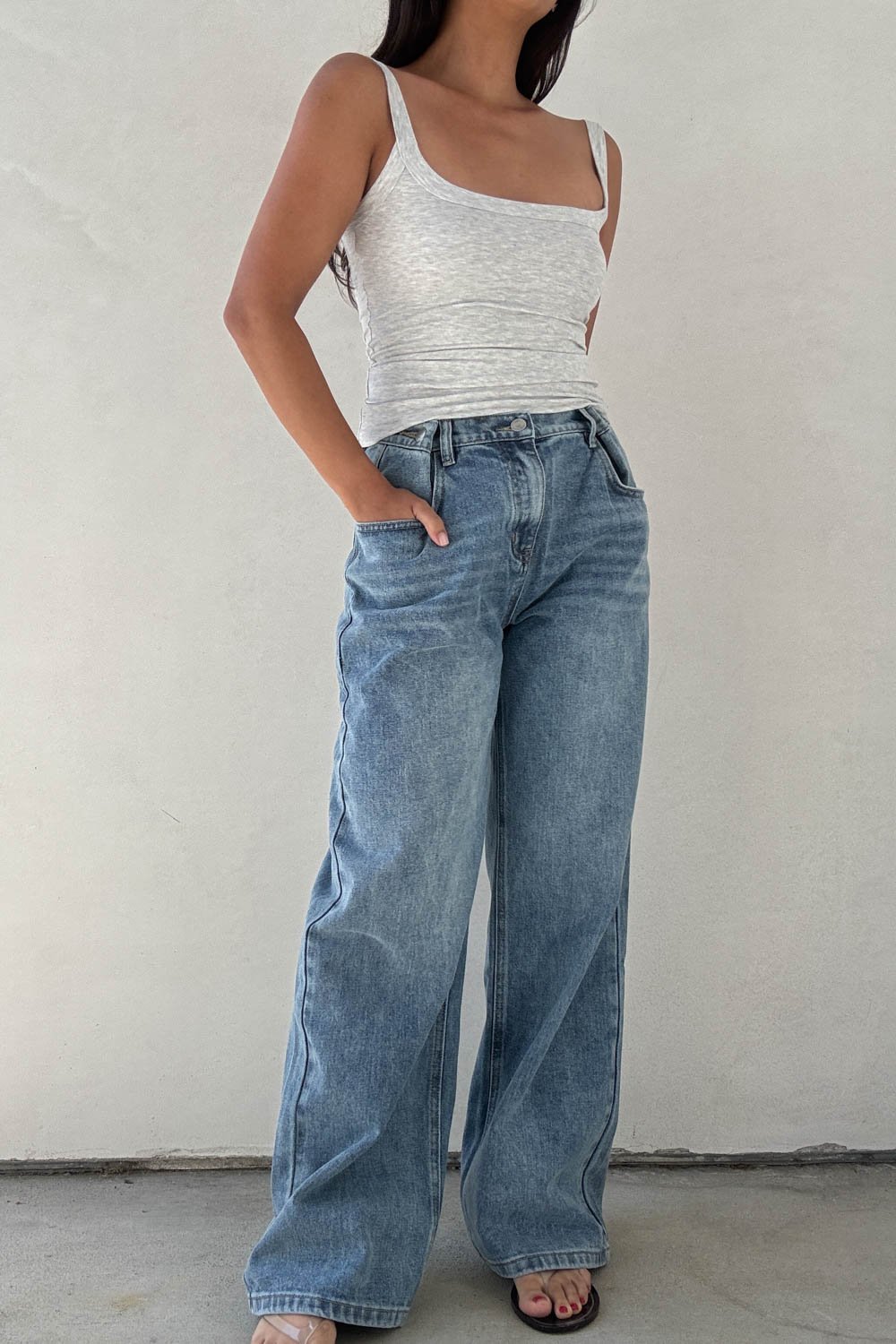 High Rise Denim Contrast Pants