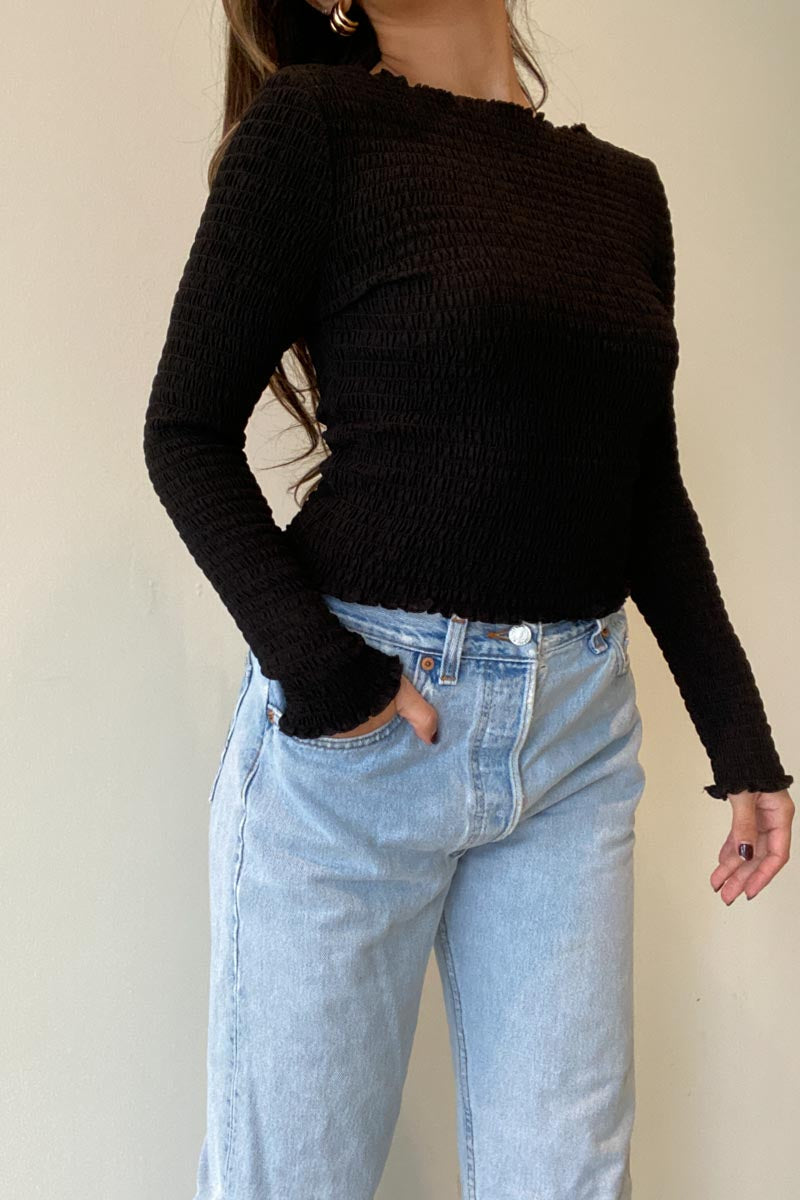 Sheer Smocked Fitted Knit Top