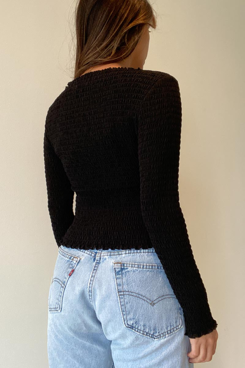 Sheer Smocked Fitted Knit Top