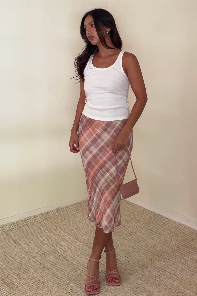 Pink Plaid Chiffon Midi Skirt | Mid Waist Built-In Shorts