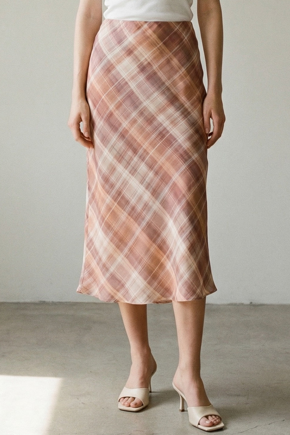 Pink Plaid Chiffon Midi Skirt | Mid Waist Built-In Shorts