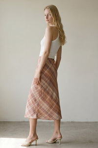 Pink Plaid Chiffon Midi Skirt | Mid Waist Built-In Shorts