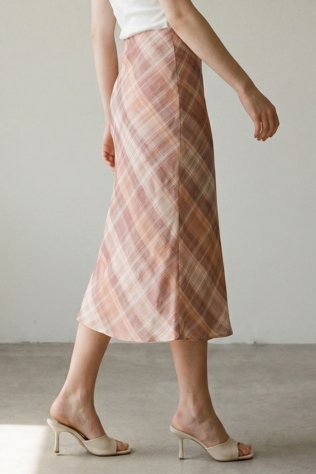 Pink Plaid Chiffon Midi Skirt | Mid Waist Built-In Shorts