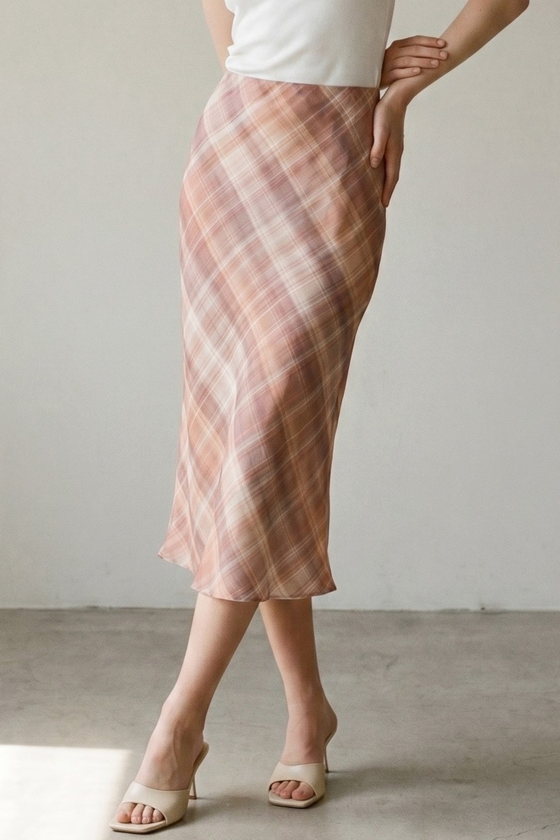Pink Plaid Chiffon Midi Skirt | Mid Waist Built-In Shorts