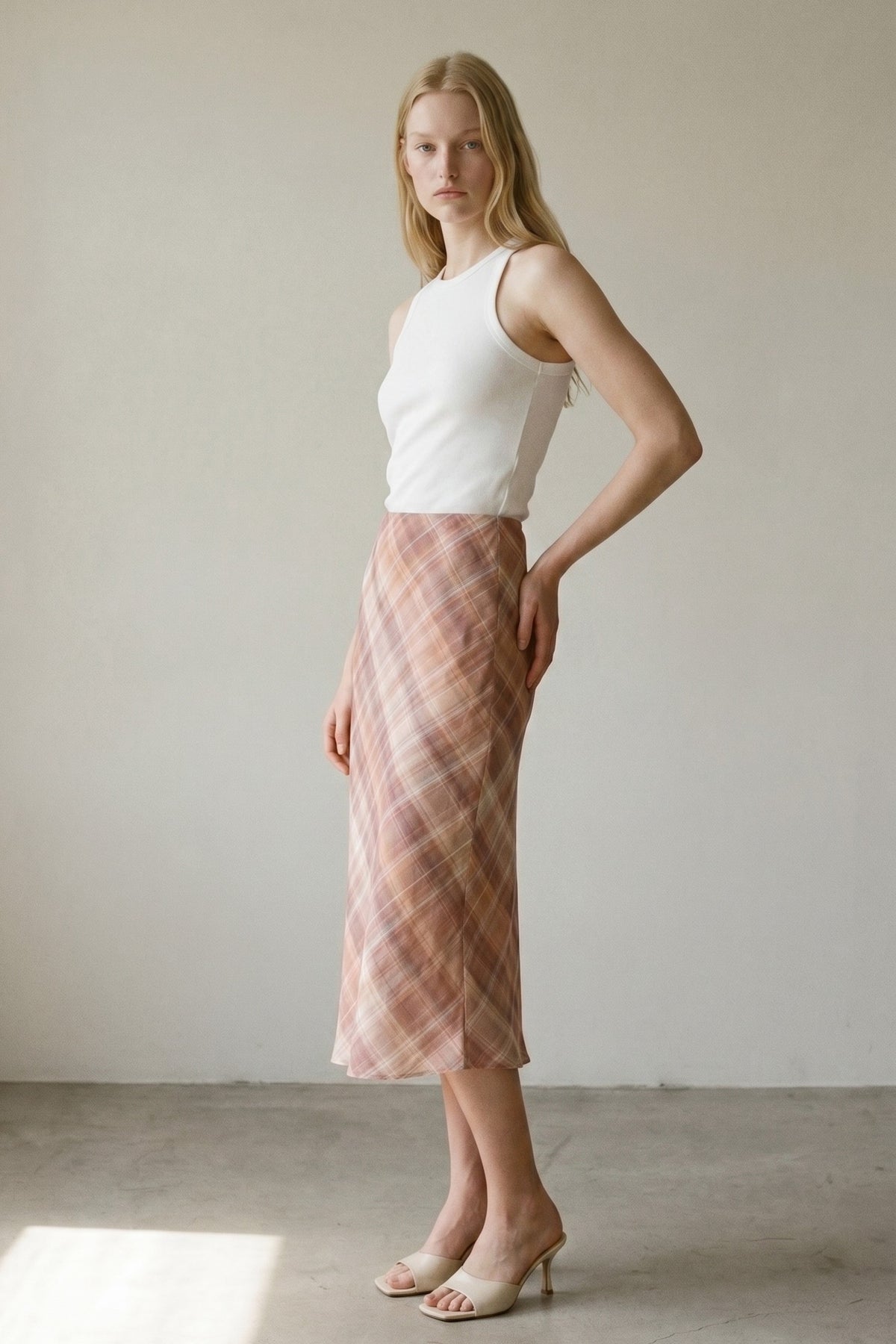 Pink Plaid Chiffon Midi Skirt | Mid Waist Built-In Shorts