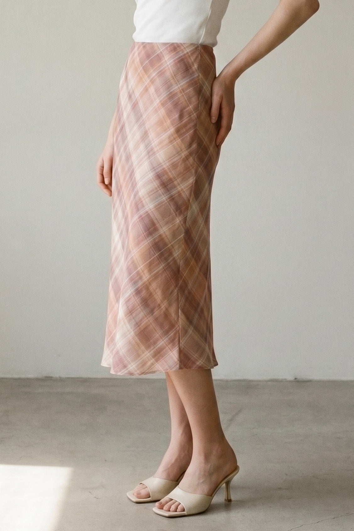 Pink Plaid Chiffon Midi Skirt | Mid Waist Built-In Shorts