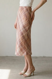 Pink Plaid Chiffon Midi Skirt | Mid Waist Built-In Shorts
