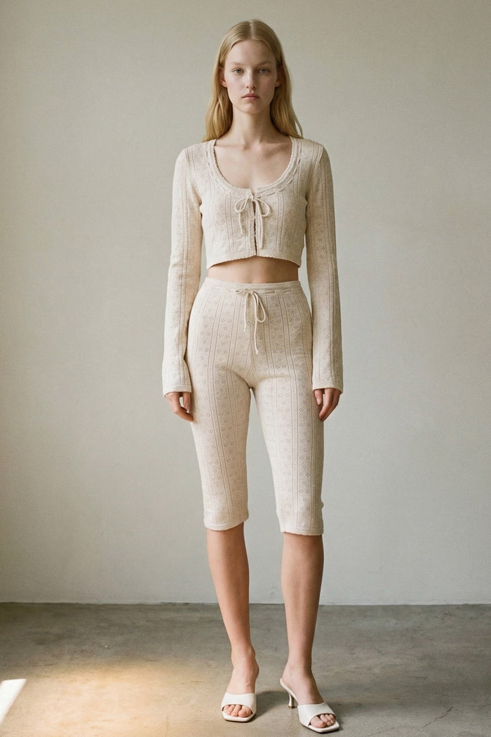 Knitted Pointelle Front Tie Top and Capri Pants Sets