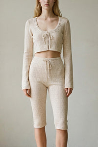 Knitted Pointelle Front Tie Top and Capri Pants Sets