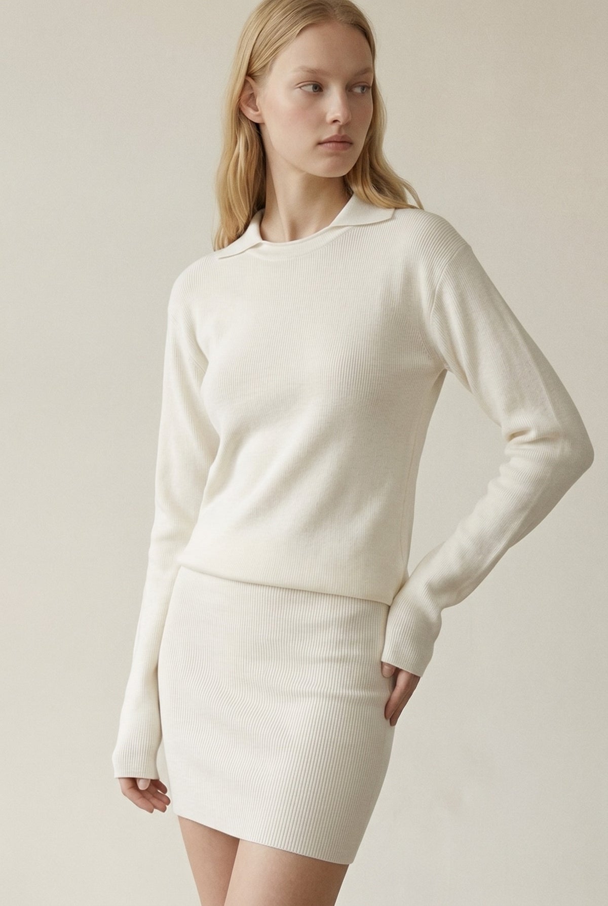 Collar Under Detail Sweater and Skirt Sets
