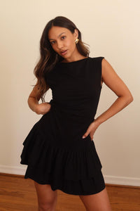 Black Ruched Double Ruffle Mini Dress | Sleeveless LBD Women