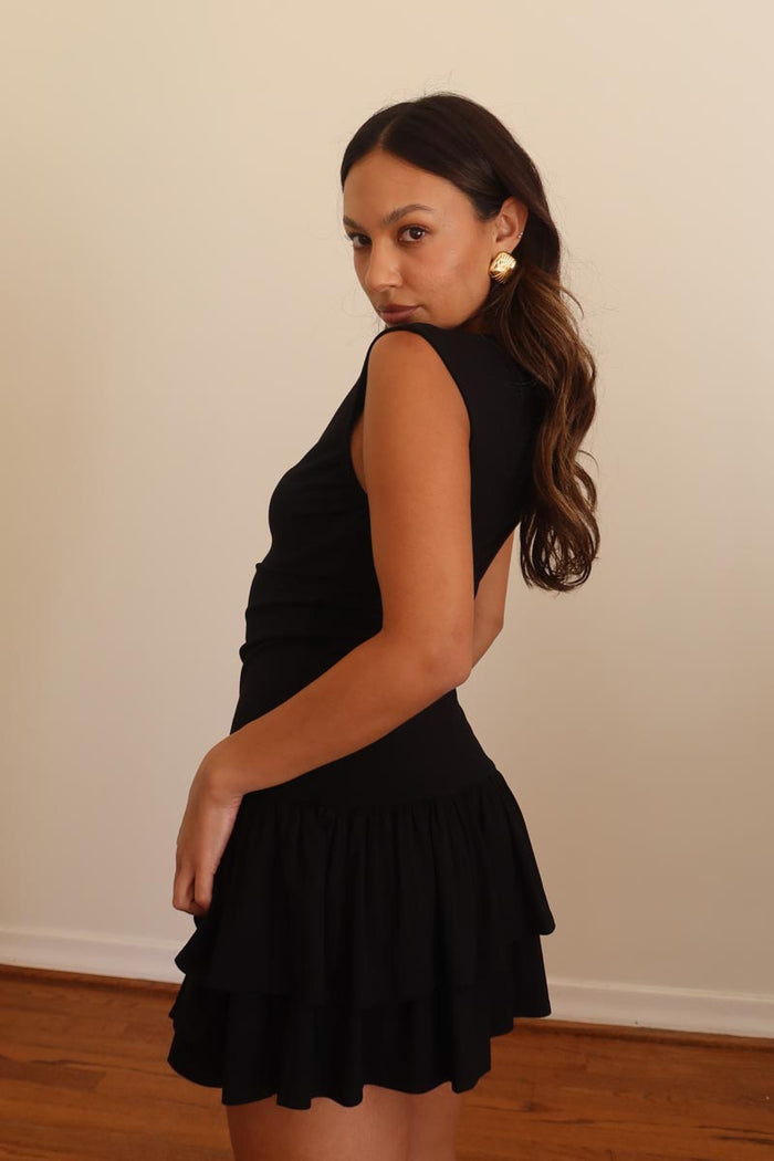 Black Ruched Double Ruffle Mini Dress | Sleeveless LBD Women