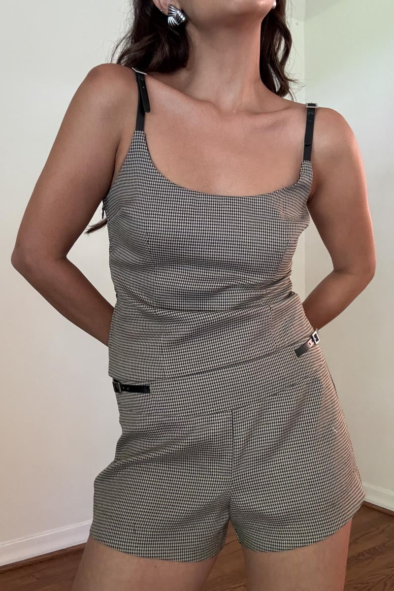 Houndstooth Buckle Strap Shorts