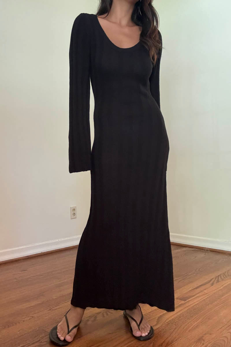 bell sleeve black maxi dress Black Ribbed Knit Bell Sleeve Maxi Dress
