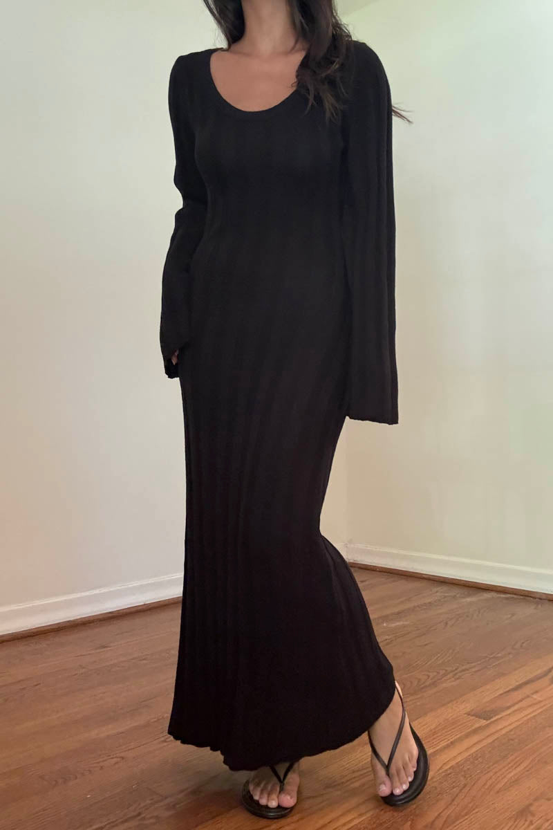 Black Ribbed Knit Bell Sleeve Maxi Dress