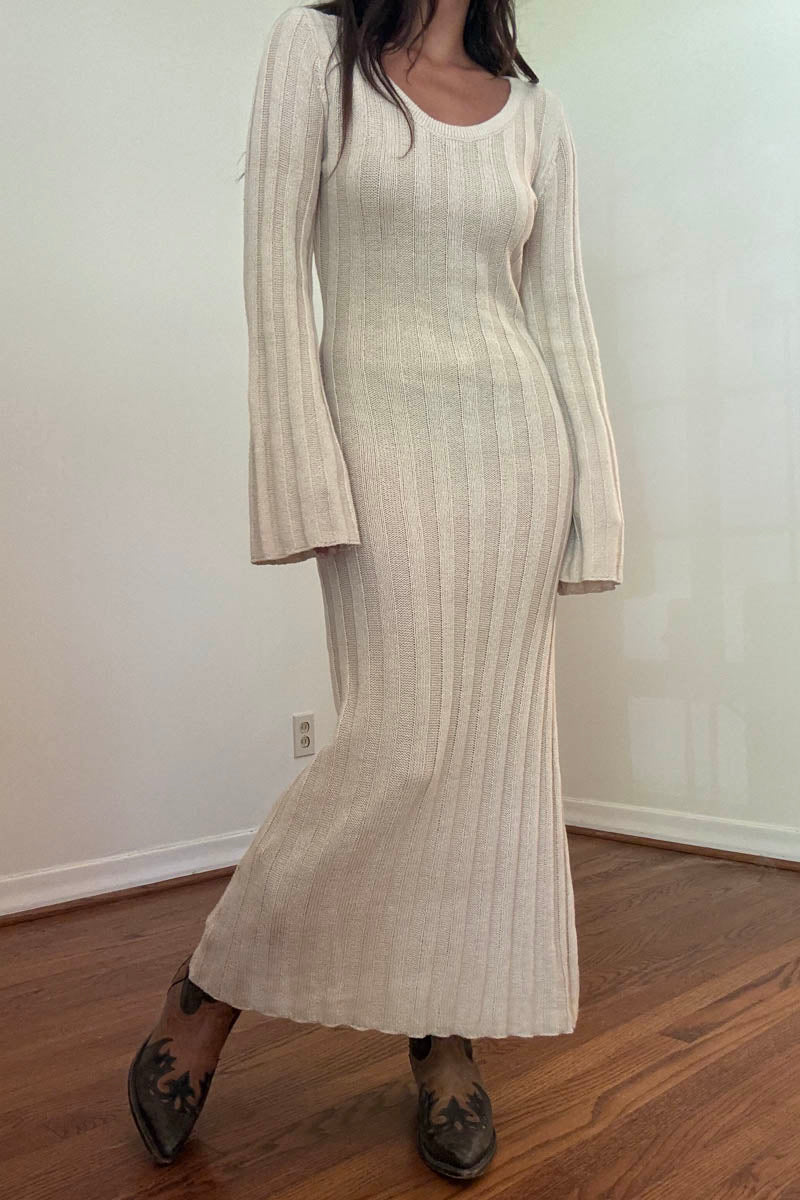 Black Ribbed Knit Bell Sleeve Maxi Dress | Flare Sleeve Knit Dress Oat / Medium Black Ribbed Knit Bell Sleeve Maxi Dress | Flare Sleeve Knit Dress Oat / Medium