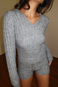 Knit Deep V Neck Hoodie W/ Shorts Sets