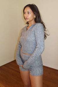 Knit Deep V Neck Hoodie W/ Shorts Sets