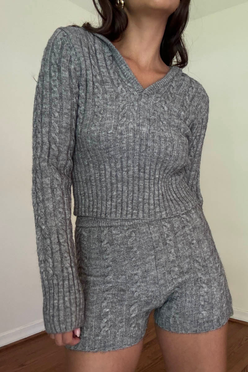 Knit Deep V Neck Hoodie W/ Shorts Sets