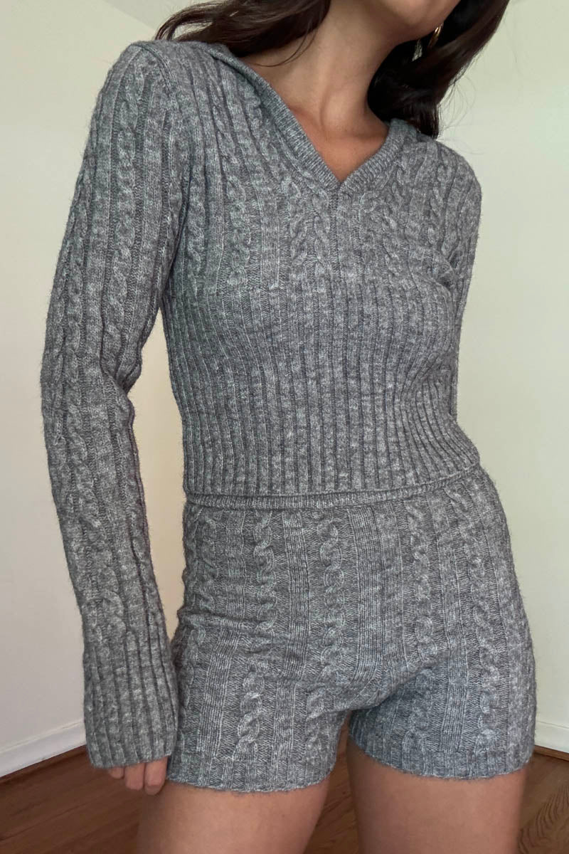 Knit Deep V Neck Hoodie W/ Shorts Sets