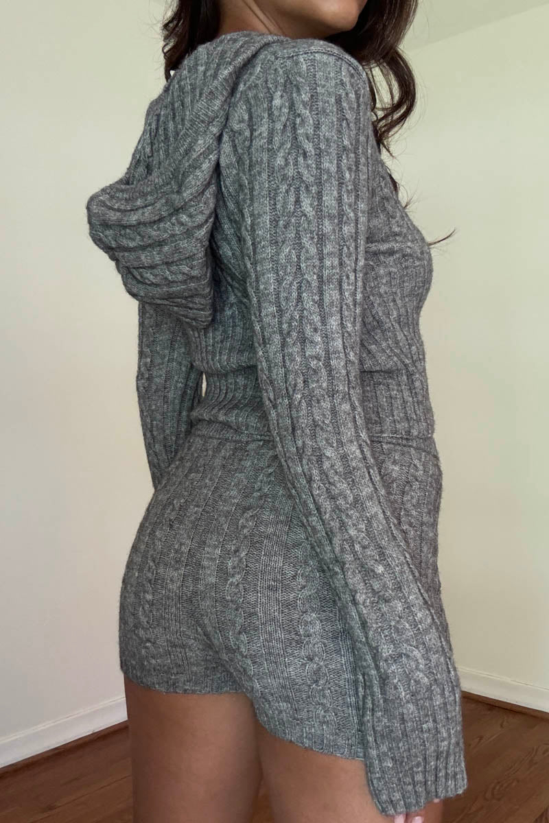 Knit Deep V Neck Hoodie W/ Shorts Sets