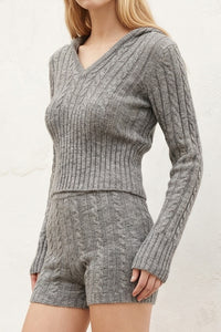 Knit Deep V Neck Hoodie W/ Shorts Sets