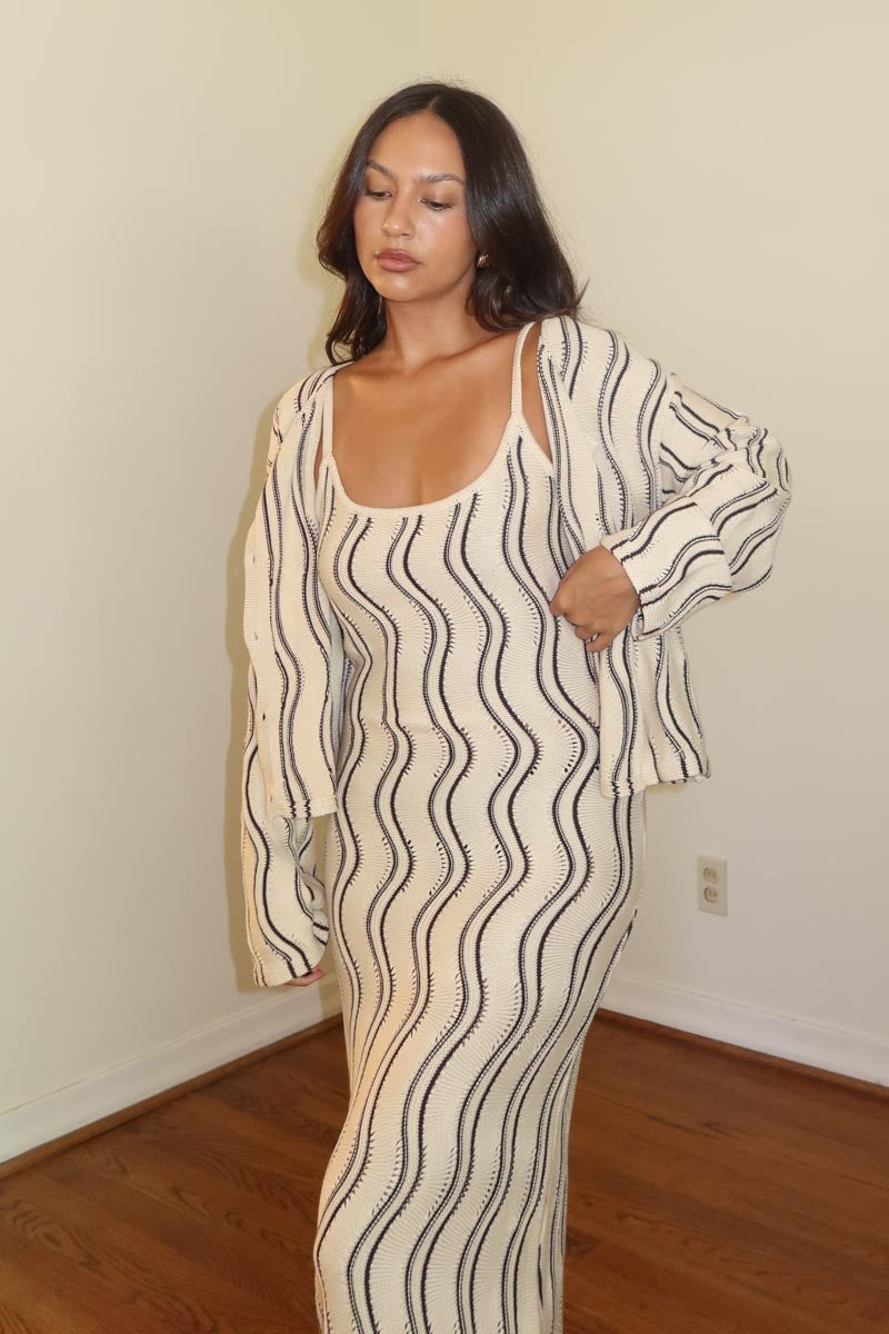 Cream Wave Print Knit Maxi Dress & Cardigan Set