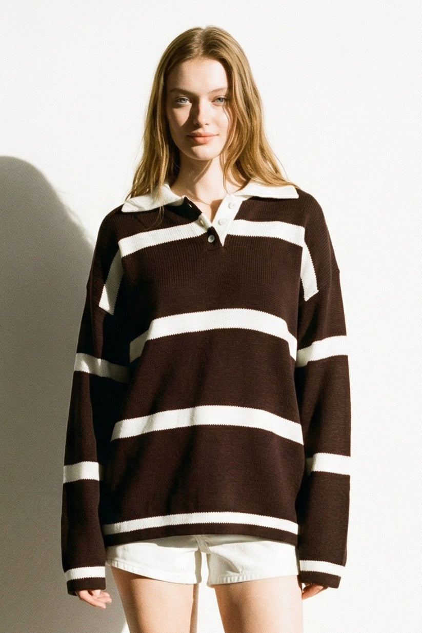 Black Stripe Oversized Sweater Polo | Rugby Knit Pullover Women