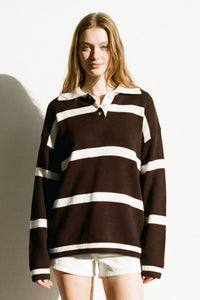 Black Stripe Oversized Sweater Polo | Rugby Knit Pullover Women