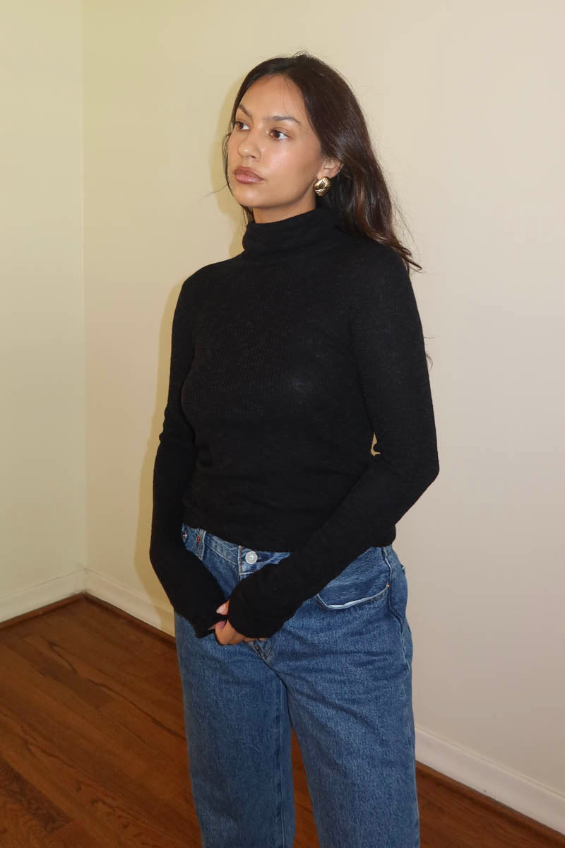 Cotton Blended Sheer Ribbed Knit Sweater