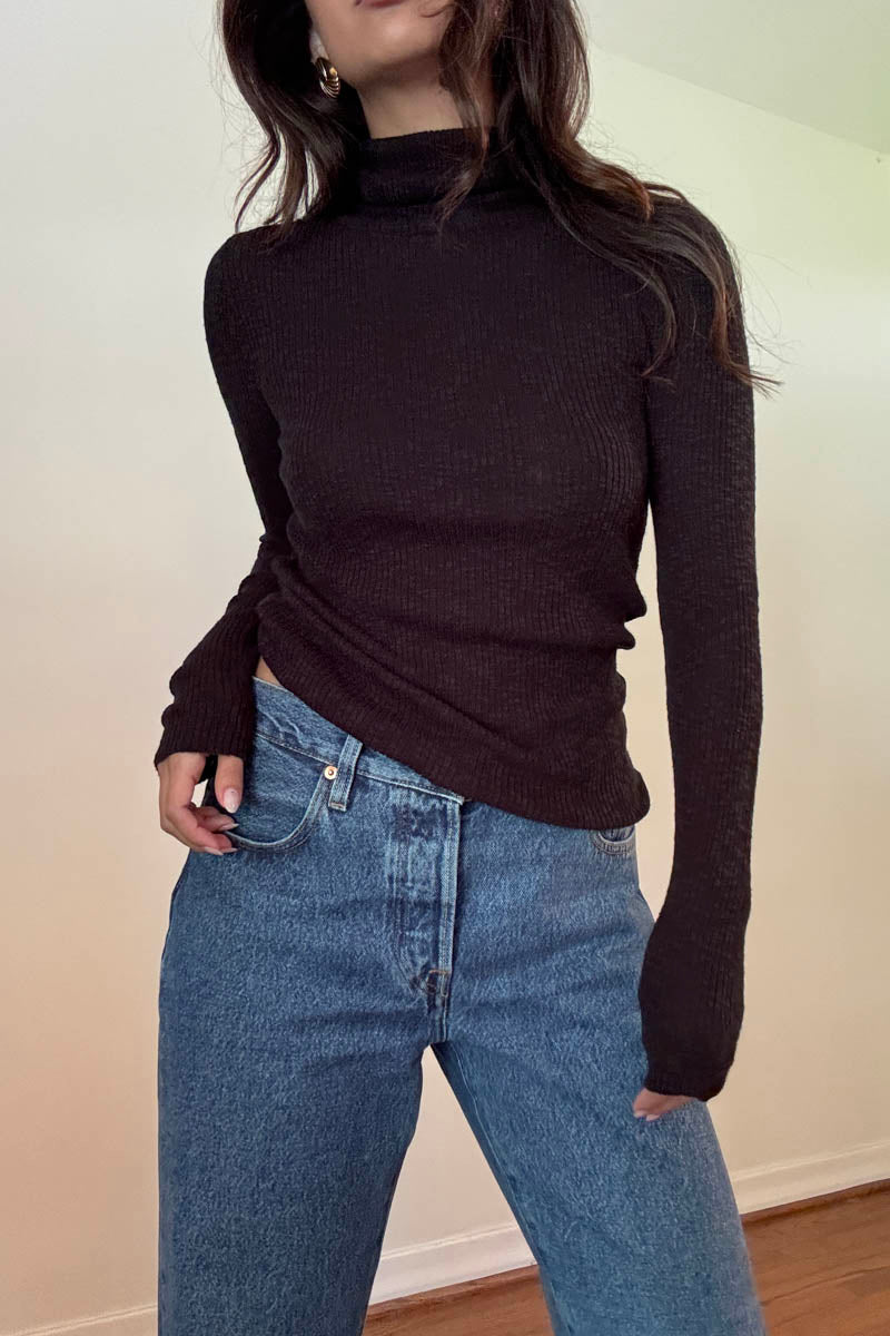 Cotton Blended Sheer Ribbed Knit Sweater