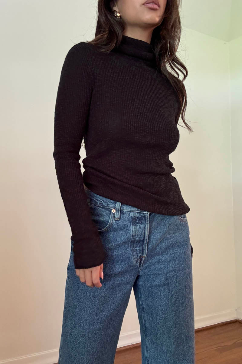 Cotton Blended Sheer Ribbed Knit Sweater