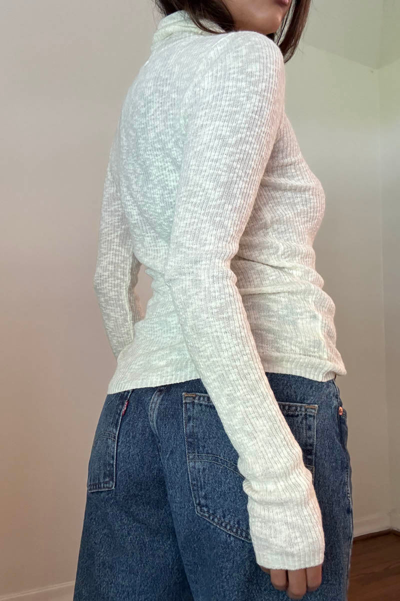 Cotton Blended Sheer Ribbed Knit Sweater