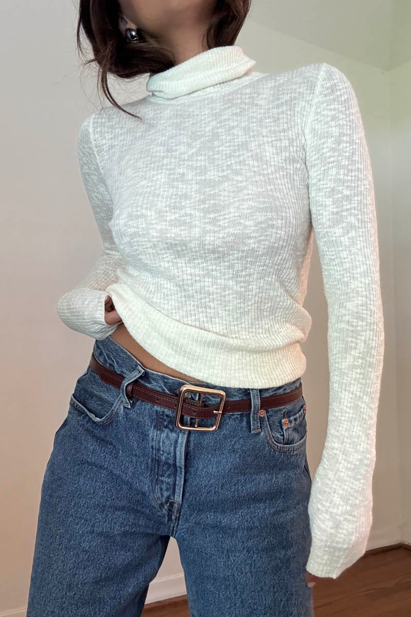 Cotton Blended Sheer Ribbed Knit Sweater