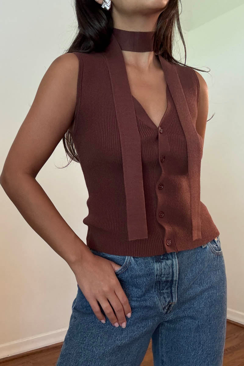 Knit Button Front Vest with Scarf