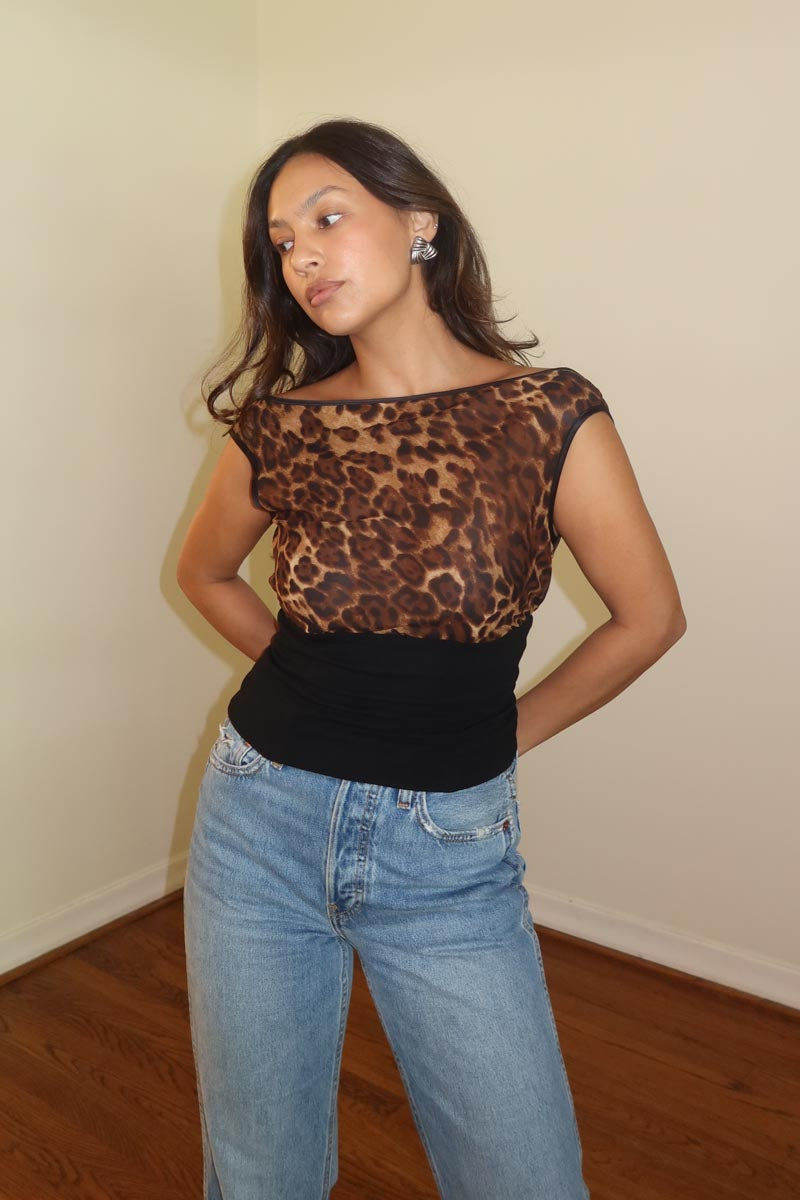 Leopard Print Chiffon Multi Neck Top