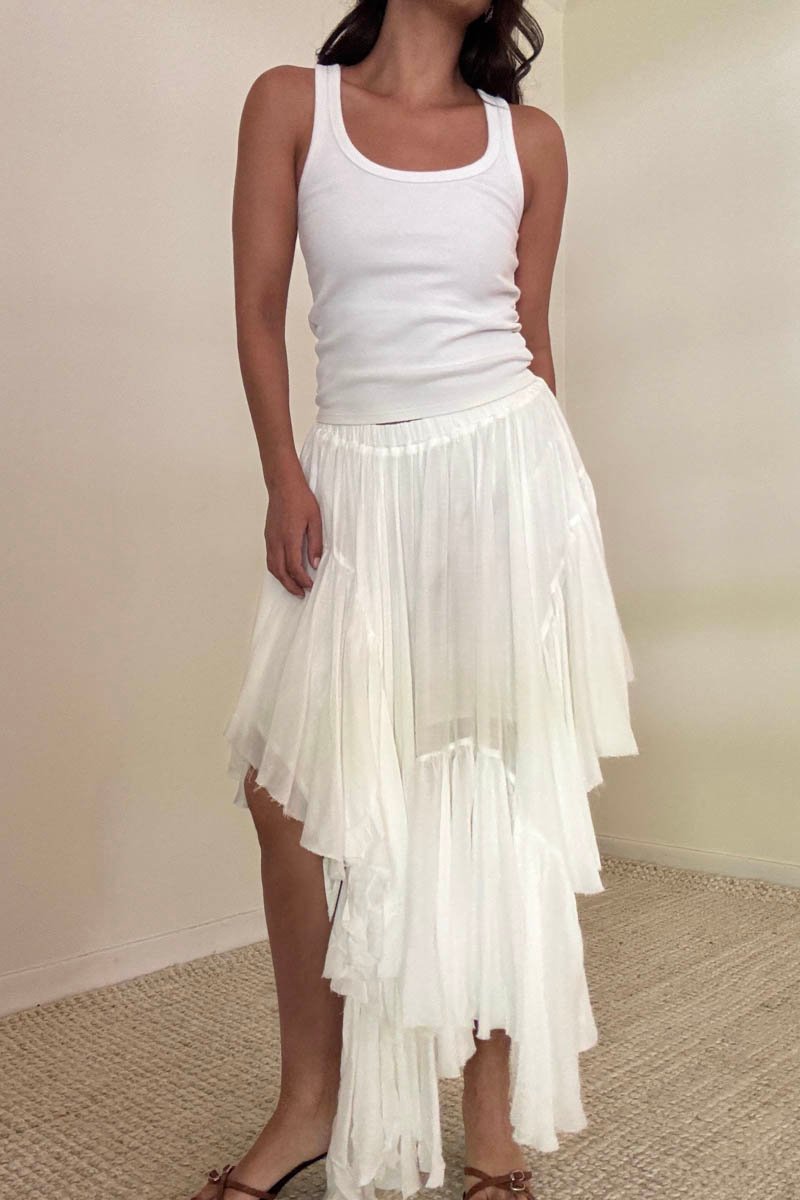 Mid Elastic Waist Asymmetrical Hem Maxi Skirt
