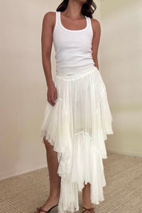 Mid Elastic Waist Asymmetrical Hem Maxi Skirt