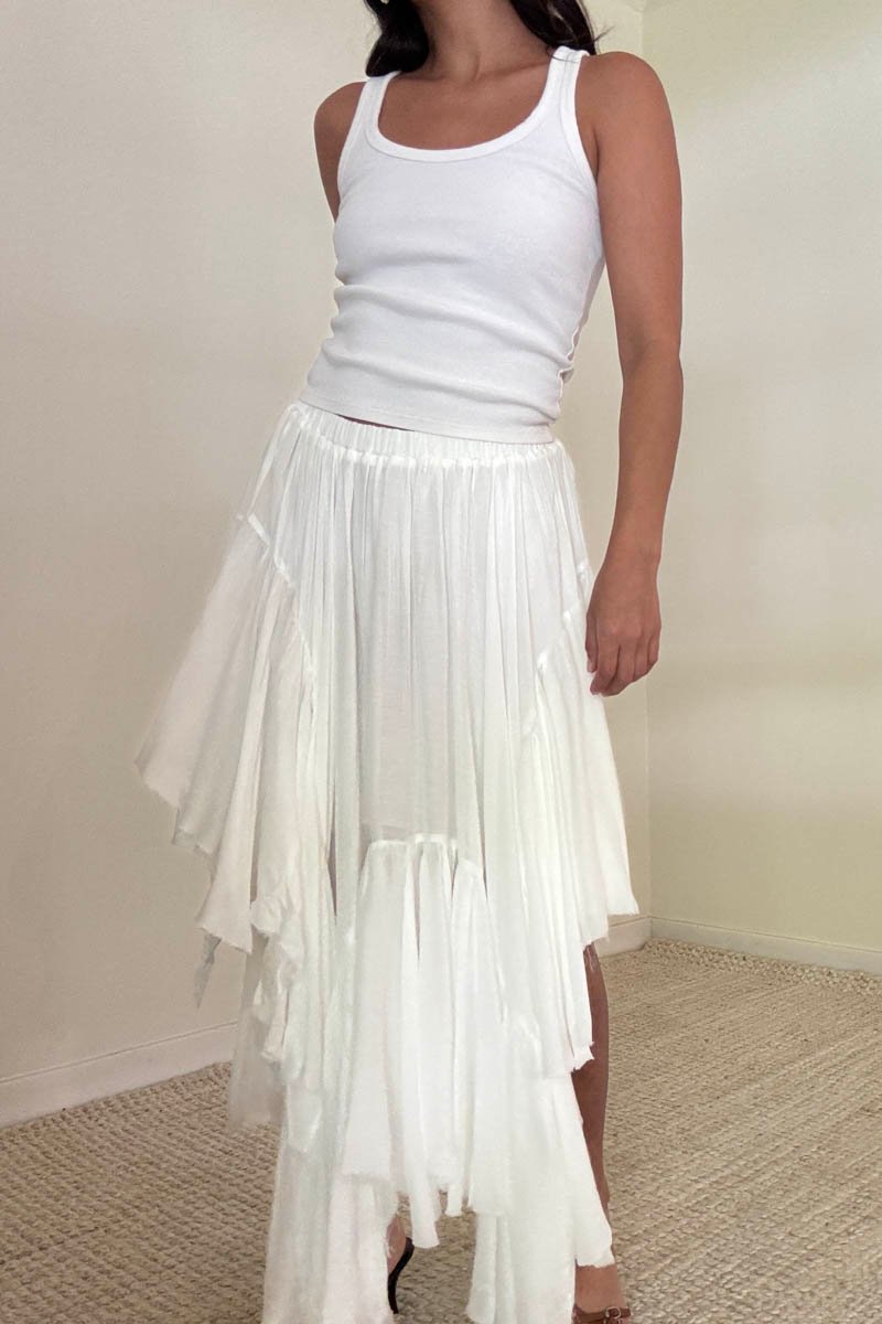 Mid Elastic Waist Asymmetrical Hem Maxi Skirt