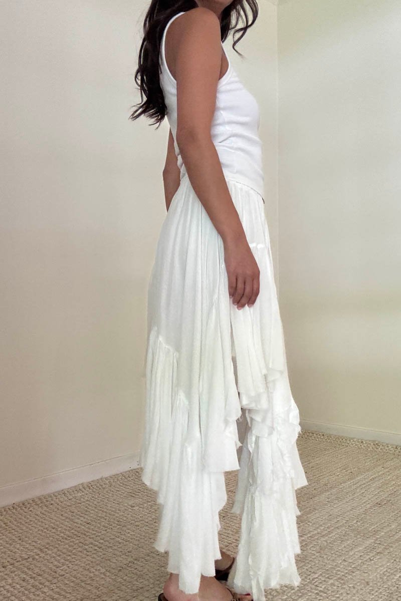 Mid Elastic Waist Asymmetrical Hem Maxi Skirt