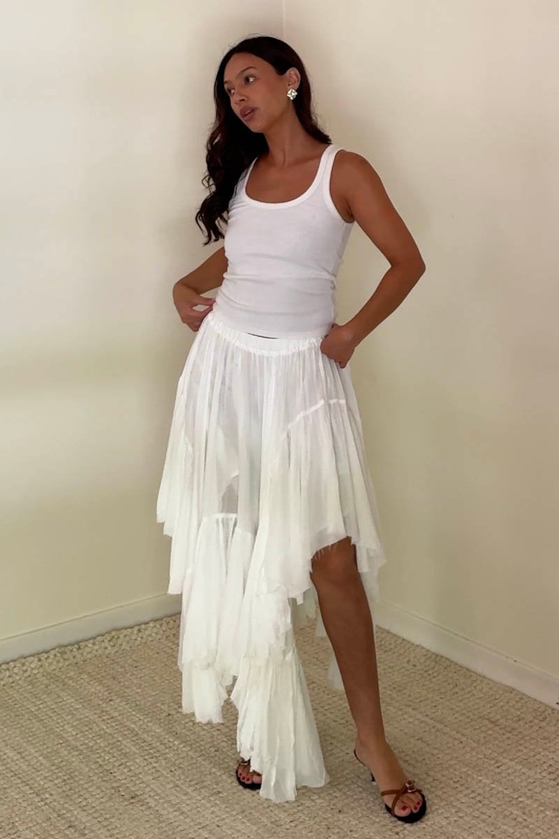 Mid Elastic Waist Asymmetrical Hem Maxi Skirt