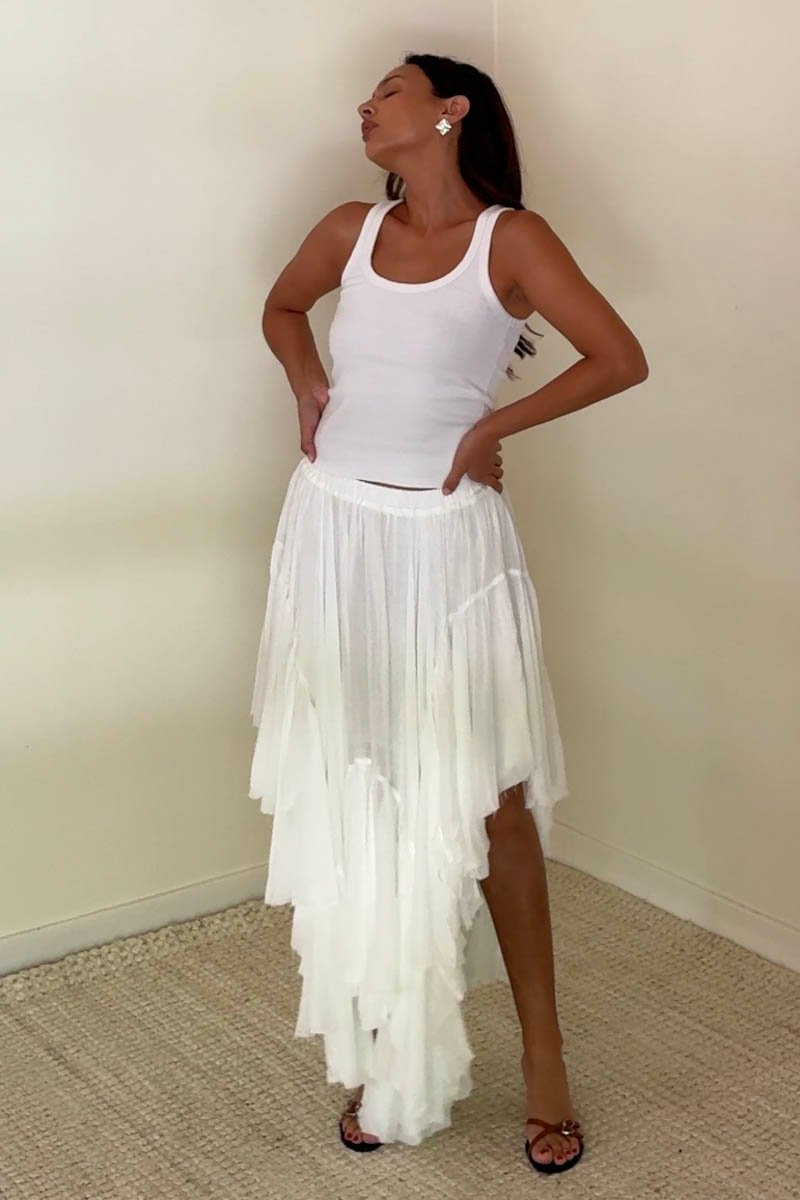 Mid Elastic Waist Asymmetrical Hem Maxi Skirt