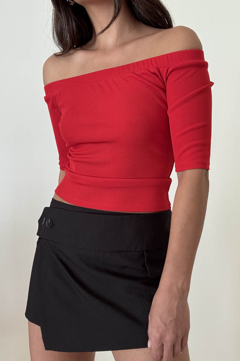 Ribbed Off Shoulder Fitted Elbow Sleeve Top