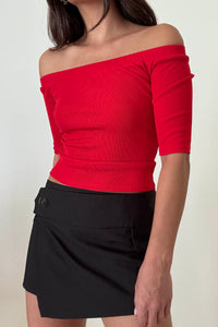 Ribbed Off Shoulder Fitted Elbow Sleeve Top
