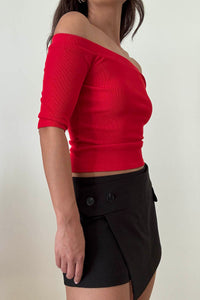Ribbed Off Shoulder Fitted Elbow Sleeve Top